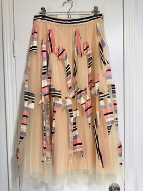 Anthro Geisha Designs Mae Pleated Tulle blush pink Midi Skirt abstract medium